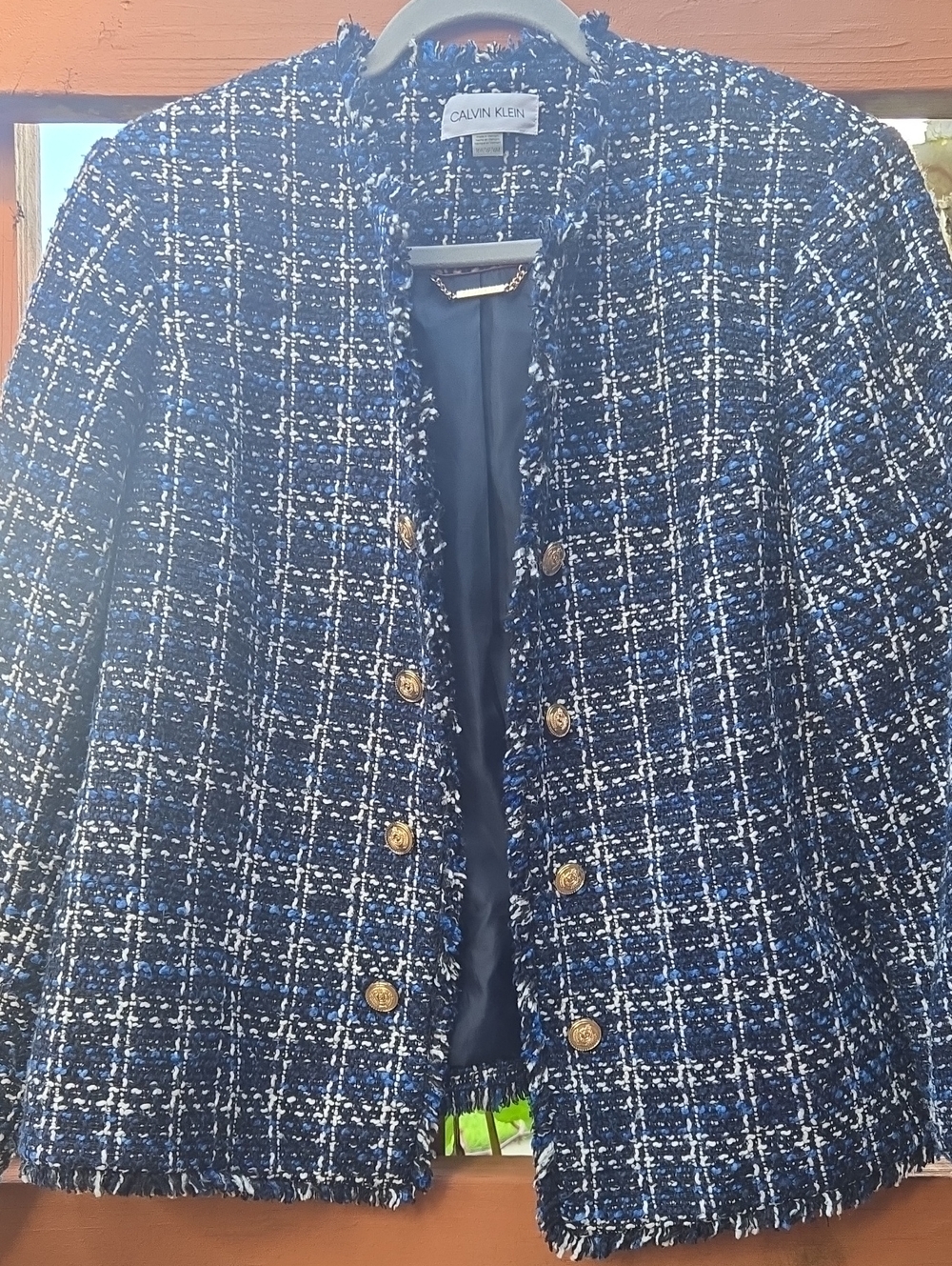 Calvin Klein Blue and White Tweed Fringe Jacket with Gold Buttons